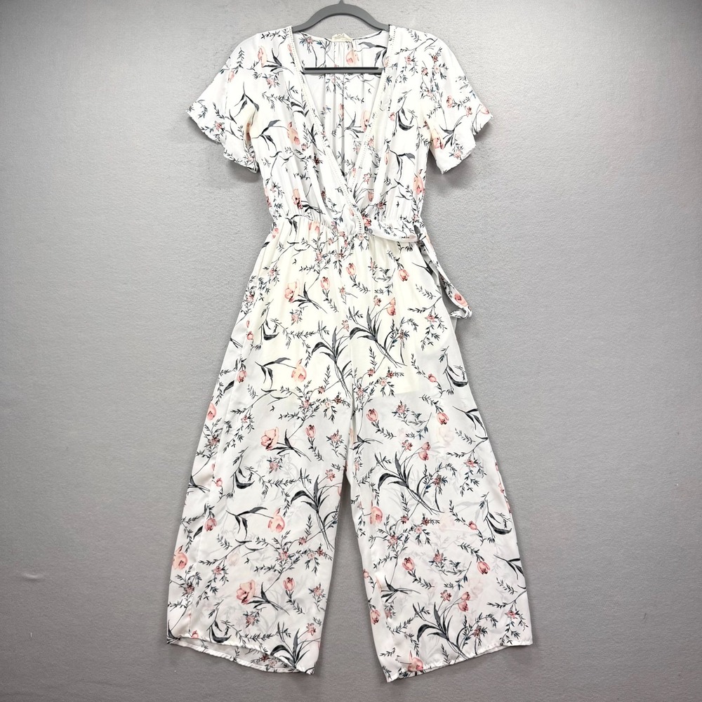 Sienna Sky Crop Jumpsuit Womens Small White Floral Tie Waist Wrap V-Neck Jumper